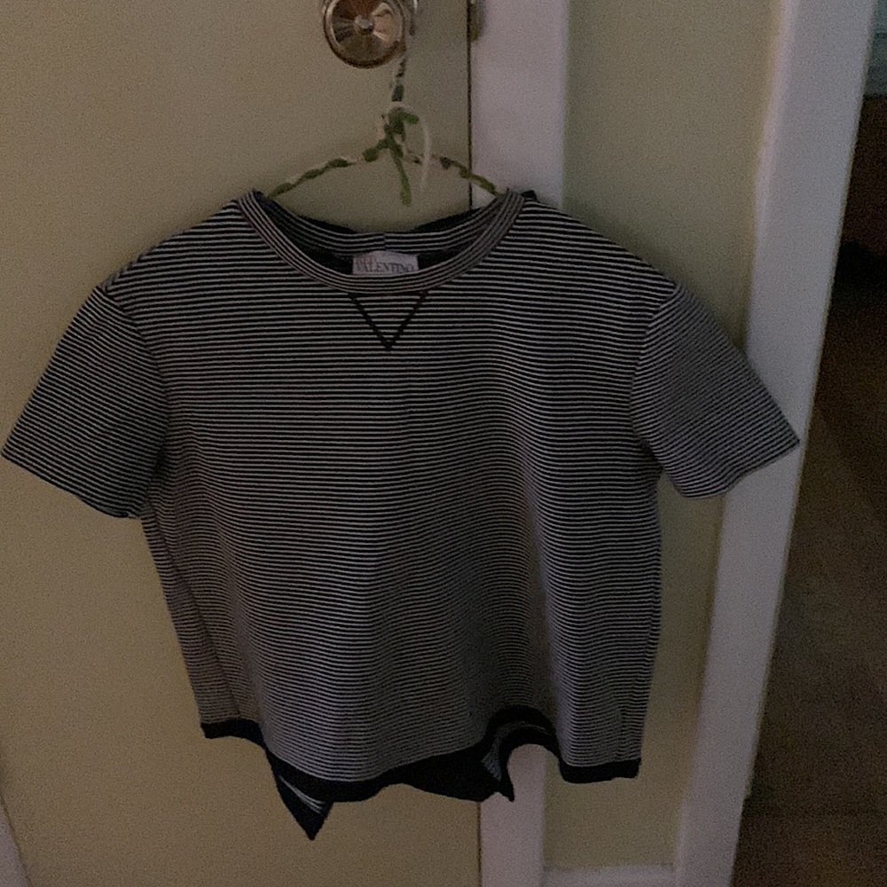 Valentino Red black and white striped tee with bow back and ruffle